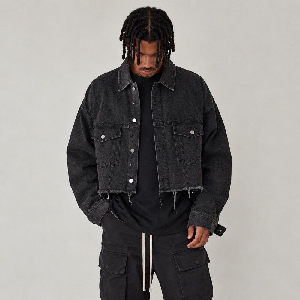 MNML L Cropped Black Denim Jacket Raw Hem Distressed Oversized Streetwear Y2K